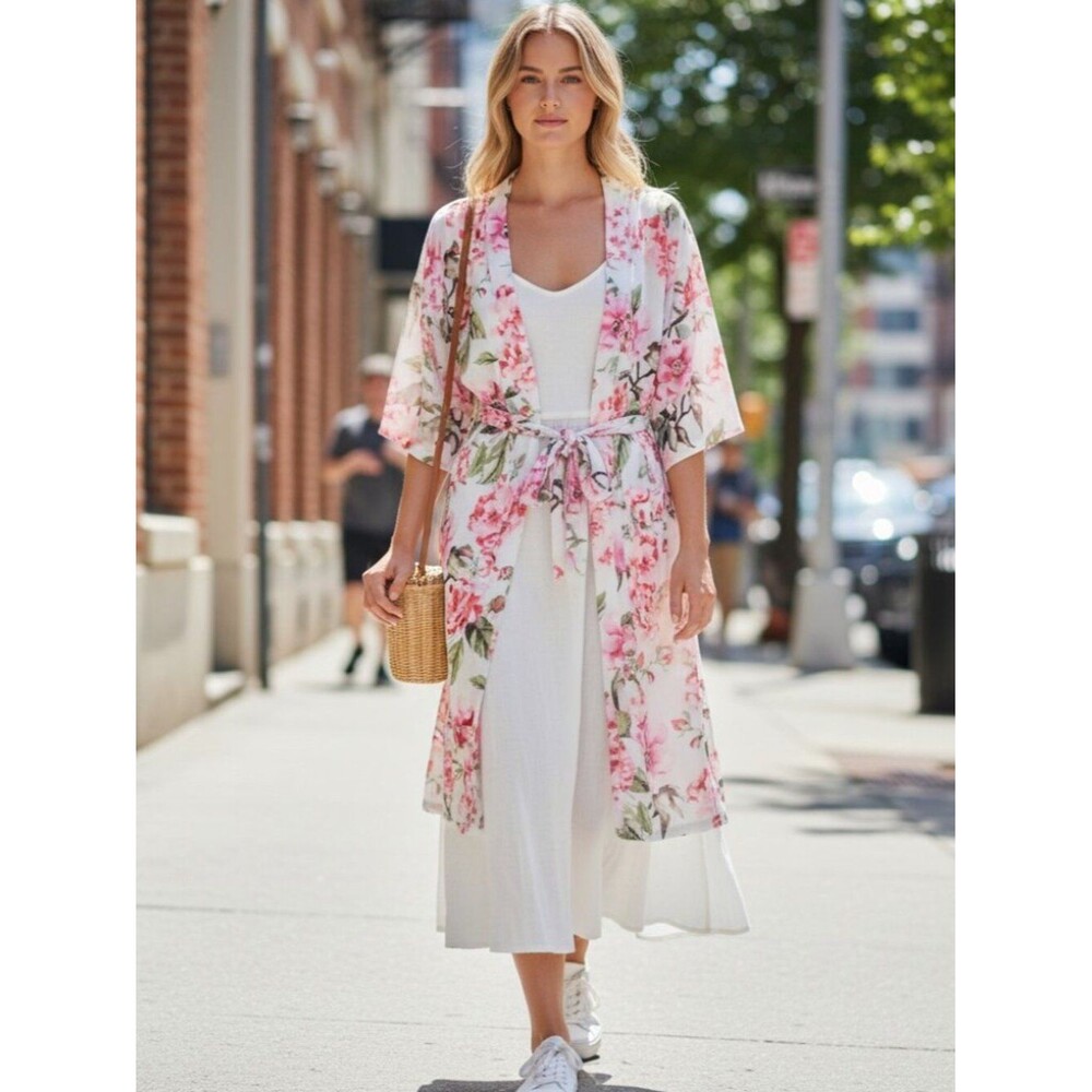 Show Me Your MuMu Floral Watercolor Kimono Robe Tie Waist Pink Green One Size